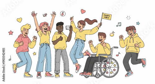 Diverse group of young adults celebrating together with a person in a wheelchair, surrounded by music notes and joyful gestures
