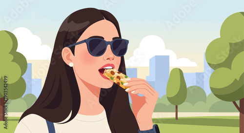 Woman enjoying snack bar outdoors with city buildings in background
