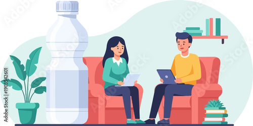 Two people sit on chairs, a plant and a large bottle are nearby