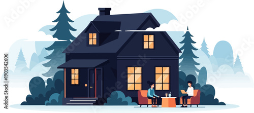 Two people sit on chairs outside a dark house with lit windows, surrounded by trees