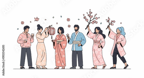 People in traditional attire celebrating with festive decorations and flowers in a joyful scene illustration
