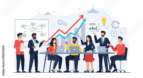 Business professionals collaborating around a table with laptops and charts illustrating growth and analysis from various viewpoints