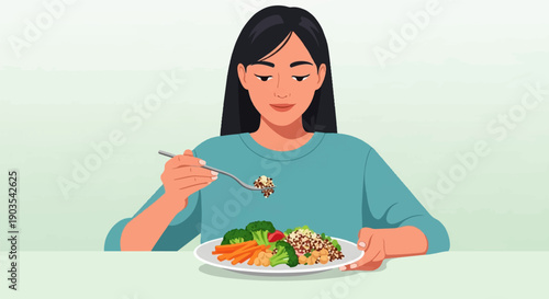 Woman enjoys a healthy meal of grains, vegetables, and legumes from a white plate