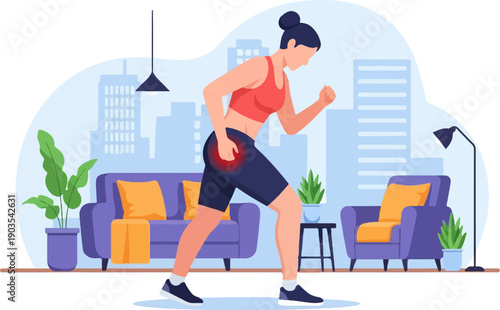 Woman exercising indoors with hip pain highlighted by red circle