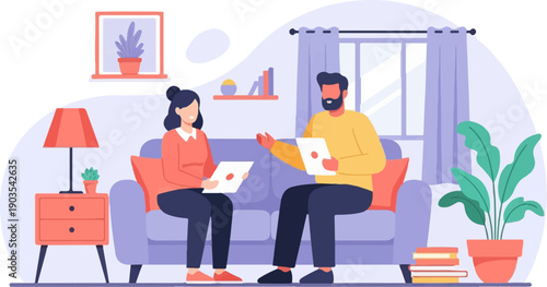 Two people sit on a couch, discussing information on tablets, in a cozy room