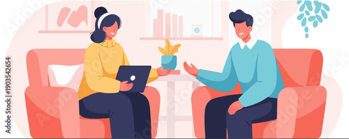 Two people sit in comfortable chairs, one with a laptop, in a modern living room setting