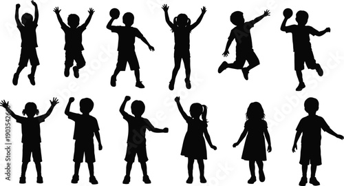 Children silhouette illustration set, active kids poses, playful youth icons, dynamic movement graphic, black and white design artwork