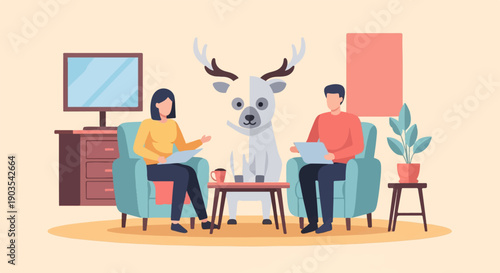 Two people sit in chairs, talking to a deer in a room