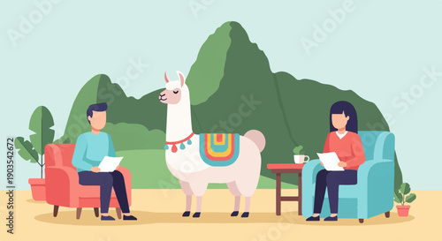 Two people sit in armchairs with a llama in front of mountains