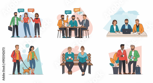 Diverse group of people interacting and socializing in various settings, including office and outdoor environments, depicted in a modern illustration style
