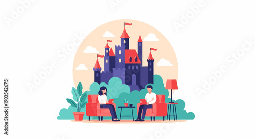 Two people sit in chairs facing each other, reading, with a castle behind them