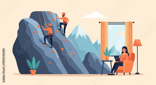 Two people rock climbing while a woman works on a laptop indoors
