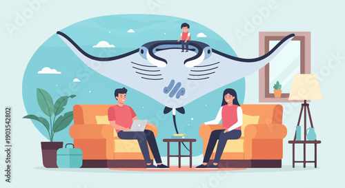Two people relax indoors under a giant, friendly manta ray decoration