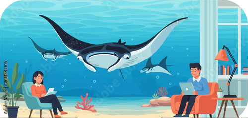 Two people relax indoors while manta rays swim in the ocean outside their window
