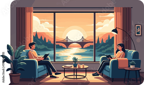 Two people relax indoors reading books with a scenic sunset river view