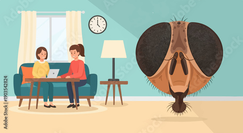 Two women work on a laptop in a living room, with a giant fly head looming