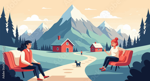 Two people relax in chairs with mountains, houses, and pine trees behind them