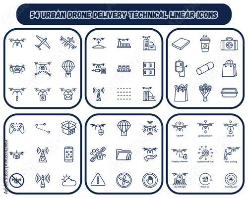 Professional Line Icons for Urban Drone Delivery Logistics Infrastructure and Automated Aerial Transport Systems for Smart City Planning E-commerce Solutions and Last Mile Air Freight