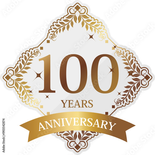 高級感のある100周年記念エンブレム　ホワイト＆ゴールド