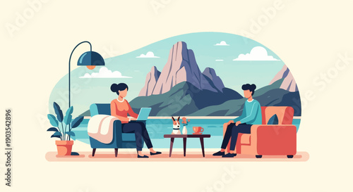 Two people relax in chairs, one with laptop, by water & mountains