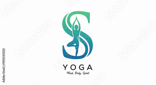 Yoga logo with person in tree pose within a stylized gradient letter S