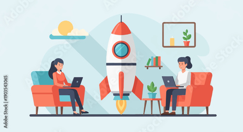 Two women work on laptops in cozy chairs with a rocket launch in background