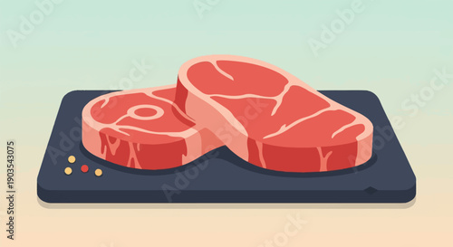 Two raw, red meat steaks with visible marbling sit on a dark gray cutting board