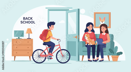 Young boy cycles to school as family and dogs relax indoors at home