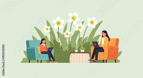 Two women work remotely on laptops from comfortable armchairs surrounded by flowers