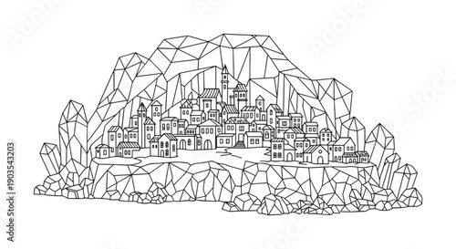 Geometric Geometric Crystal Mountain Village Minimalist Coloring Page