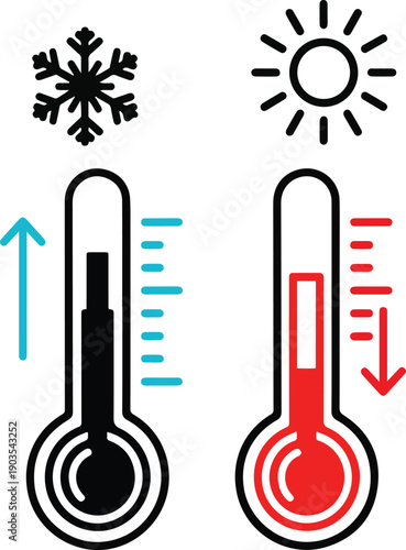 Weather showing a snowflake sun and two thermometers indicating temperature changes