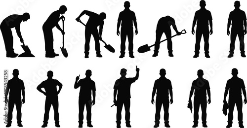 Construction worker silhouette set, manual labor icon illustration, shovel hammer wrench poses, industrial workforce graphic pack, black and white artwork