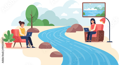 Two women working on laptops in comfy chairs by a flowing river