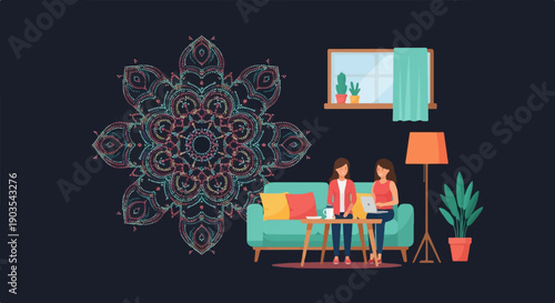 Two women working on laptops in a living room, with a mandala design