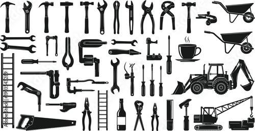 Construction tool silhouette set, repair equipment icon pack, manual labor graphic artwork, industrial design vector, black and white symbol collection