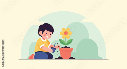 Young boy planting a flower in a pot with care and joy
