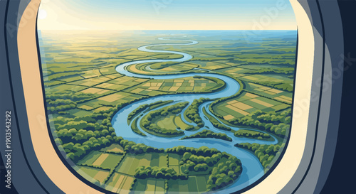 View from airplane window of a winding river through green fields