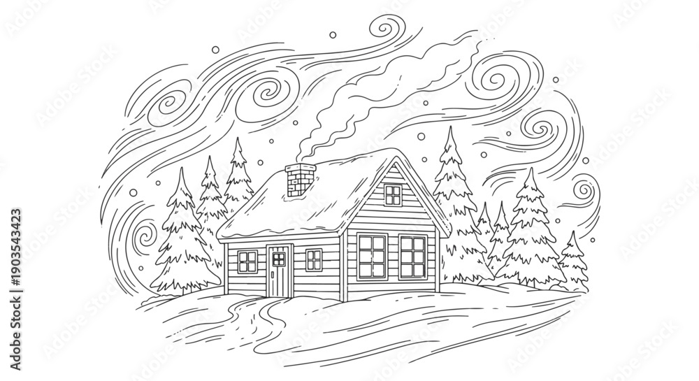 Naklejka premium Cozy Snow-Covered Log Cabin in a Winter Forest with Swirling Sky Coloring Page