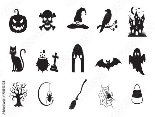 Halloween icons and symbols in black silhouette on white background