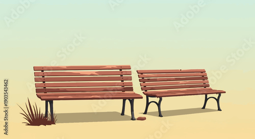 Two wooden park benches with grassy tuft and brick
