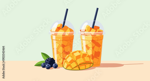 Two refreshing fruit drinks with mango and berries on a pastel background