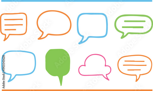 Colorful Hand-Drawn Speech Bubbles Set: Vibrant Rounded Rectangle and Cloud Shape Narrative Containers for Creative Dialogue Design
