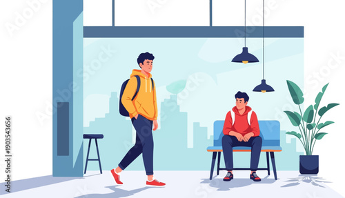 Two young men in casual clothes are in a modern indoor waiting area