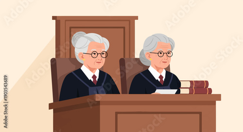 Two senior judges in robes sit behind a wooden bench with books