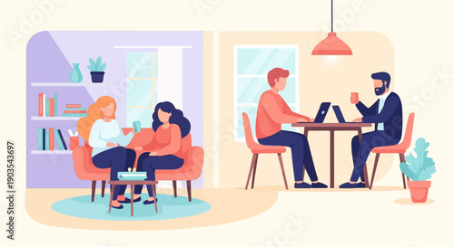 Two separate scenes women chatting on sofa, men working on laptops