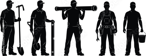 Construction worker silhouette set, labor icon collection, industrial tool illustration pack, building trade artwork, black and white vector