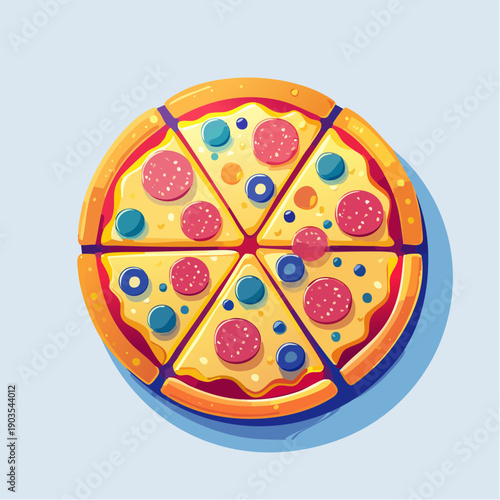 A delicious overhead view of a freshly cut pepperoni and blueberry pizza, ready to be enjoyed on a light blue background
