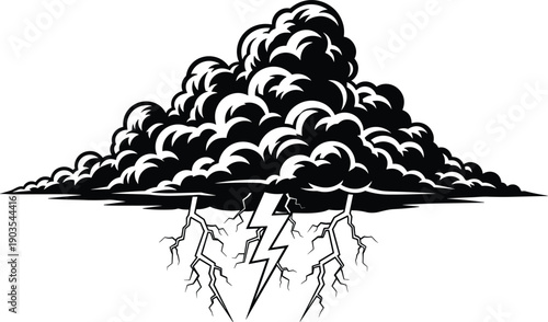 Black silhouette of a heavy storm cloud with lightning bolts isolated on white background dramatic weather natural disaster illustration for meteorology and climate concept