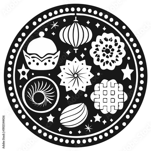 Festive dessert arrangement in a circular design, celebrating events.