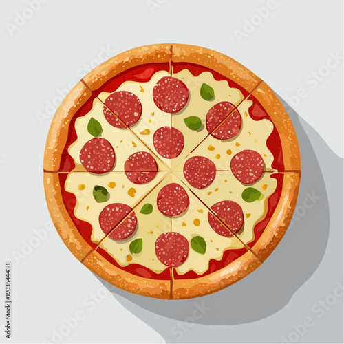 Appetizing overhead illustration of a classic pepperoni pizza, with golden crust, melted cheese, spicy salami, and fresh basil, neatly sliced into eight portions